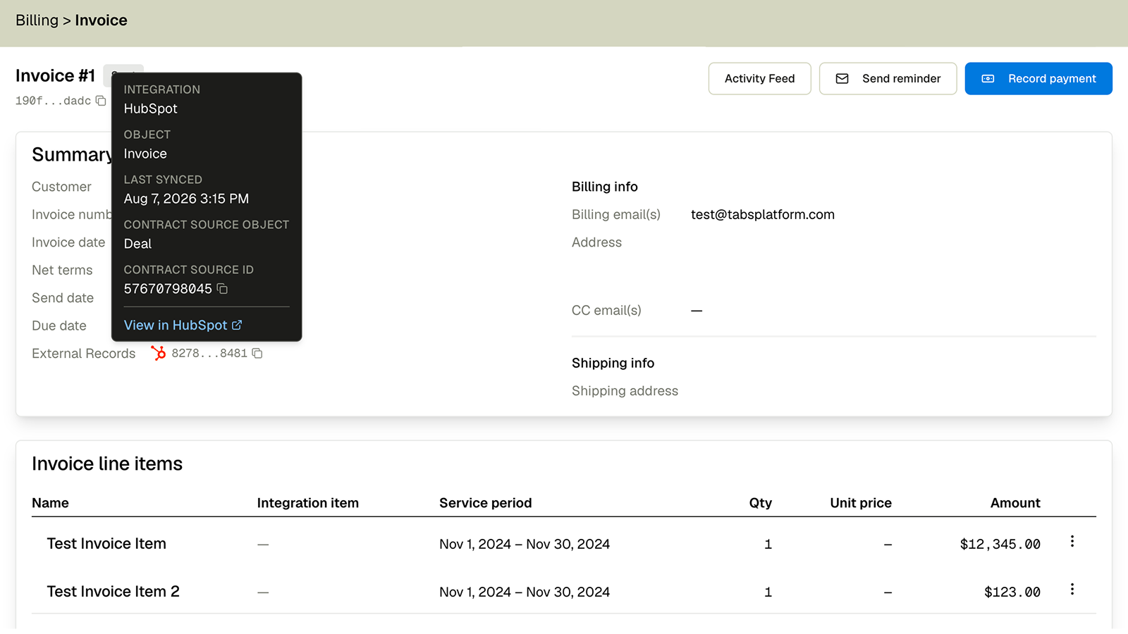 Faner for fakturering fra HubSpot