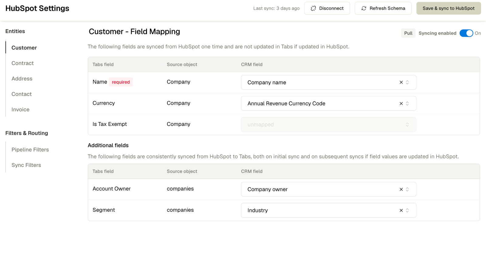 HubSpot-felt i faner